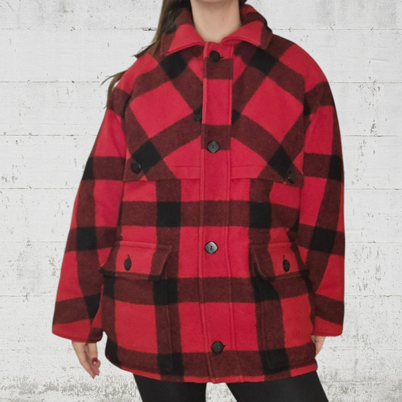 70s Vintage Red Buffalo Plaid Goose Down USA Made Hunting Wool Coat Size Medium - Picture 3 of 16